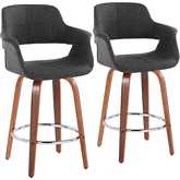 Vintage Flair 26" Swivel Counter Stool in Walnut Wood & Charcoal Fabric & Chrome (Set of 2)